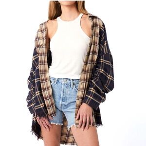 UNITED LOVERS Dove Oversized Plaid Shirt in Navy & Brown - Vintage Wash - M/L